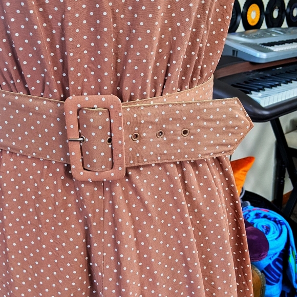 Pretty Woman Polka Dot Dress Vintage 1980s Wide Belt Swing Retro Brown & White - Picture 3 of 8
